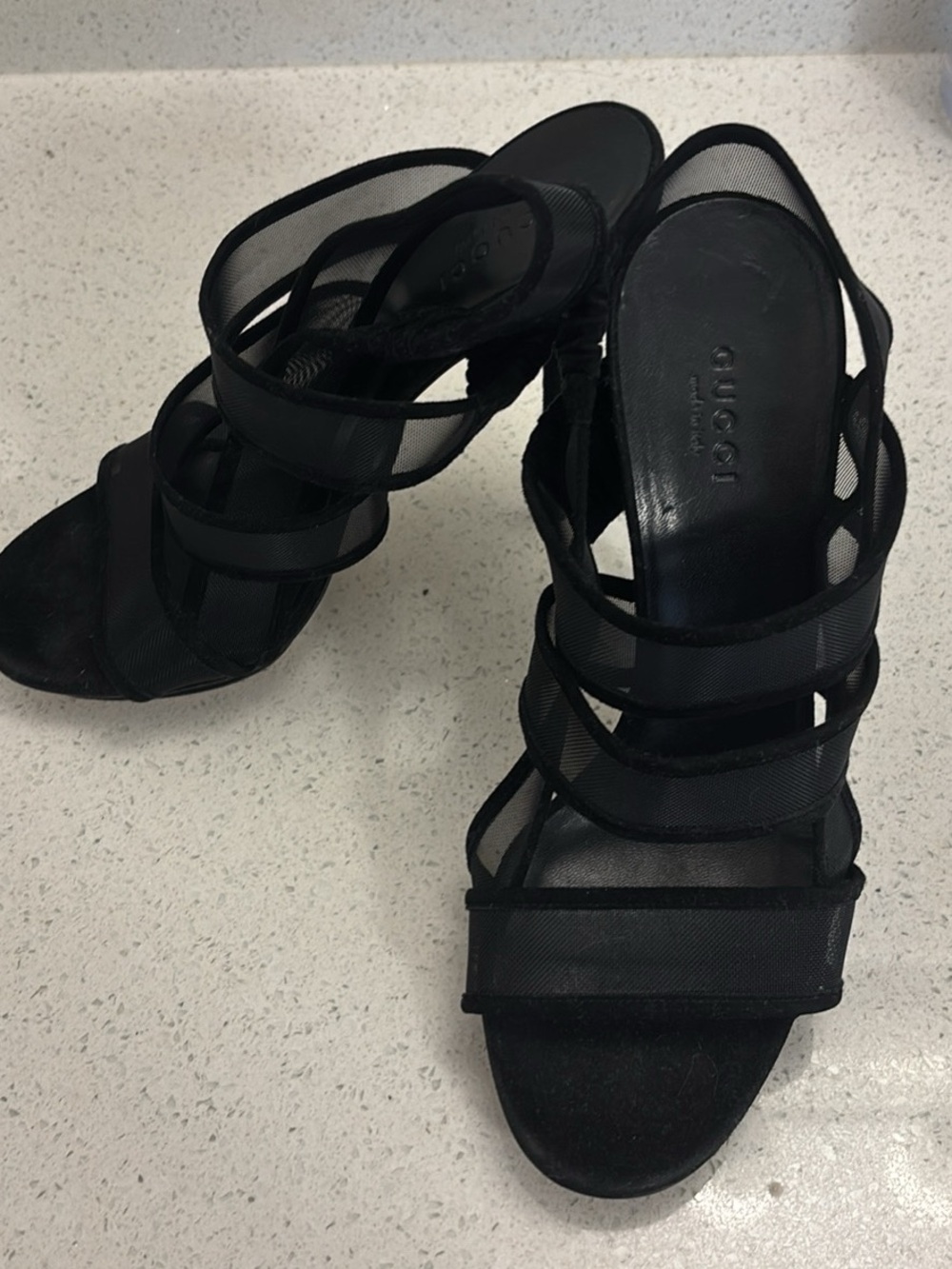 Gucci Black Mesh Multi-Strap Heeled Sandals
